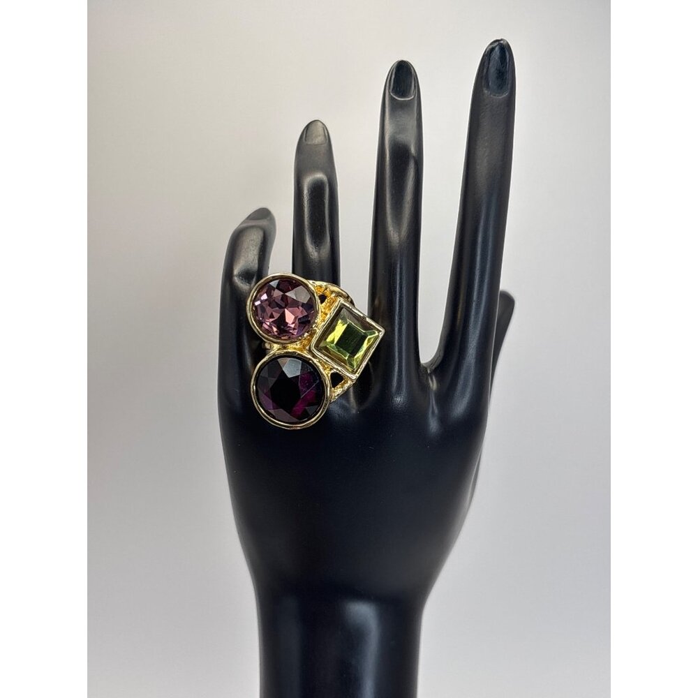 Gold Tone Fashion Ring Cocktail Statement Three 3 Faceted Stones Size 7.5 NWOT